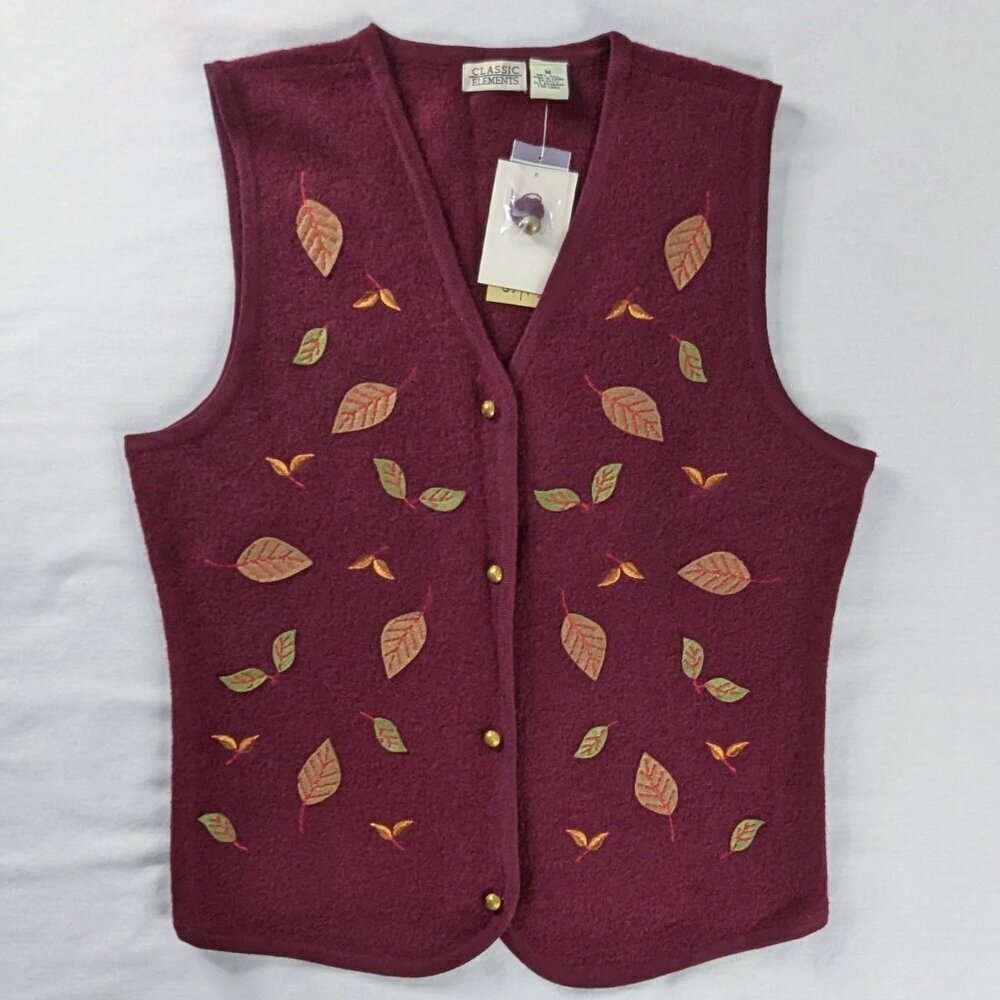 VTG Maroon Boiled Wool Gold Metal Button Up Leaves Vest NEW Folk Cottagecore